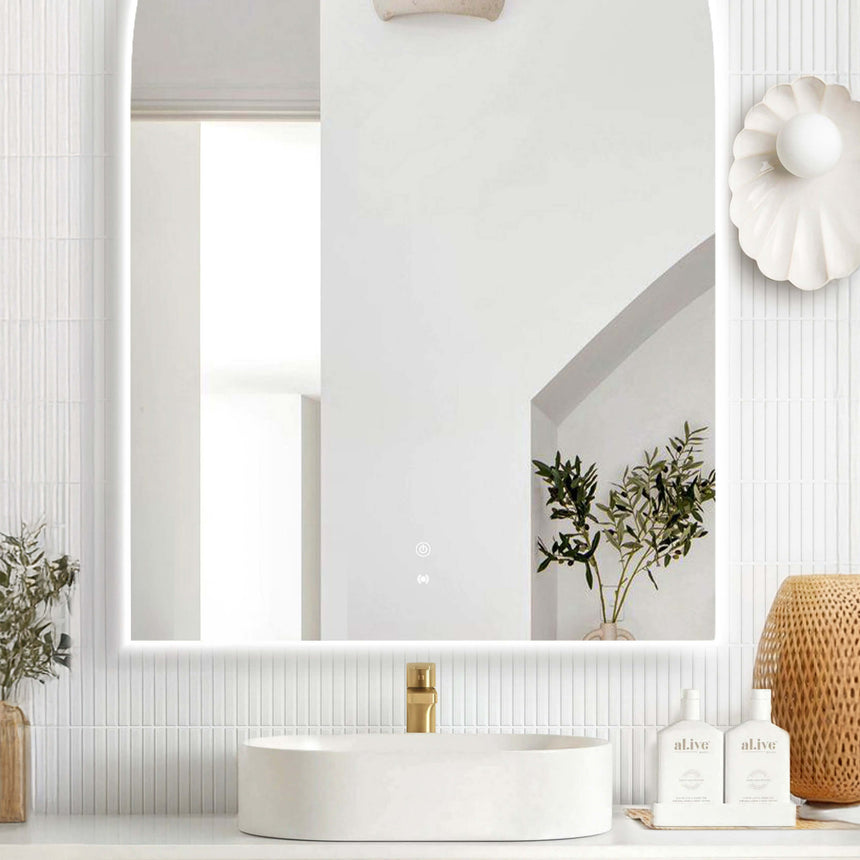 Otti Archie 1200x800mm LED frameless mirror by Tilemall with cool white edge lighting in bathroom interior