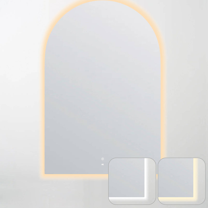 Otti Archie 1200x800mm arched LED frameless mirror by Tilemall showing warm LED edge light and dimmer controls