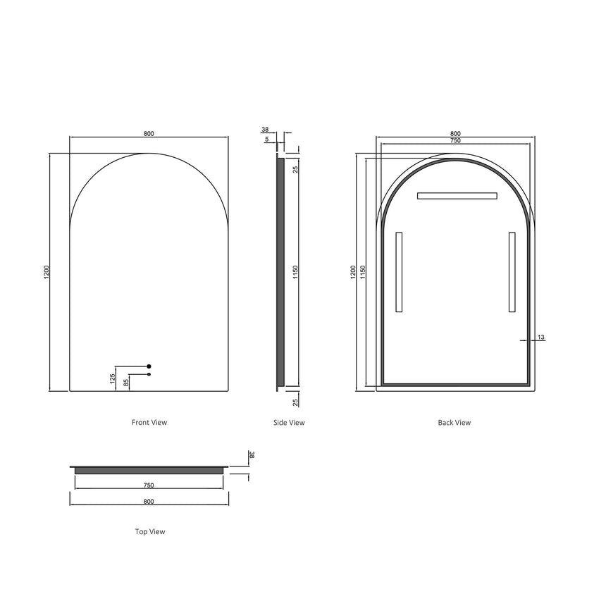 Technical dimensions diagram for Otti Archie 1200x800mm LED frameless mirror by Tilemall