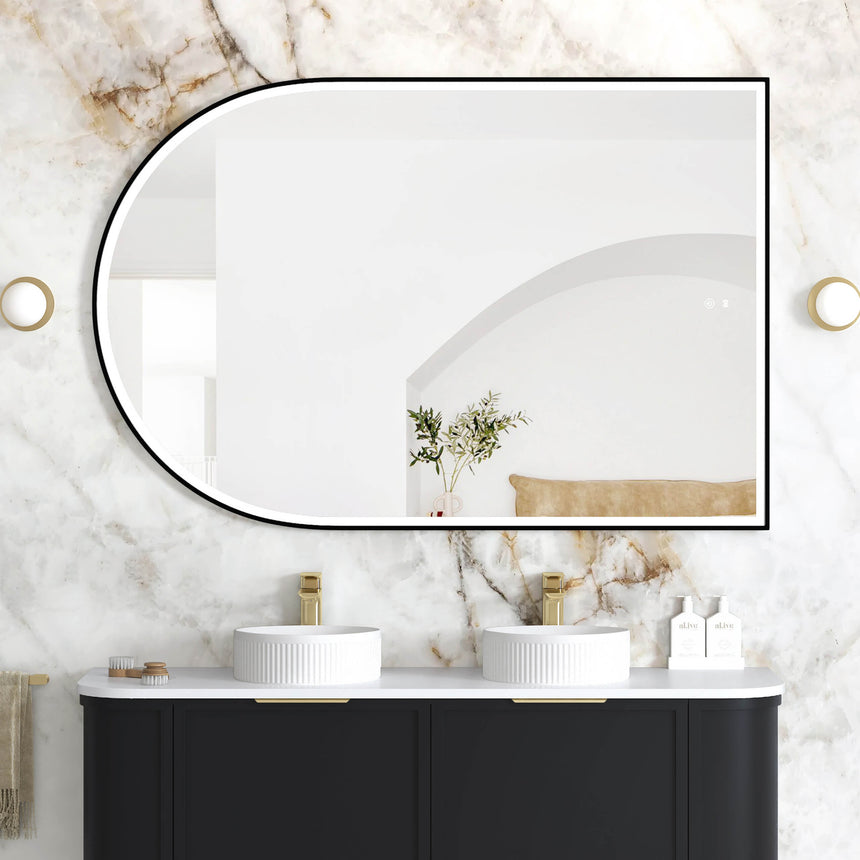 Otti Archie 1500x1000mm LED framed mirror by Tilemall with matte black metal frame installed above double vanity