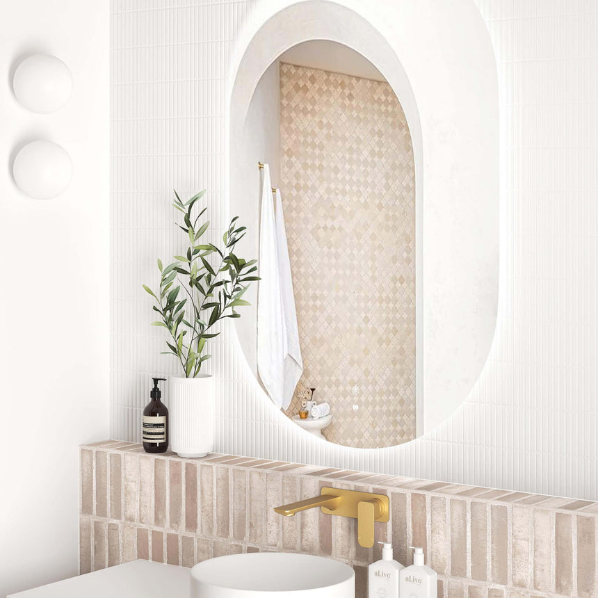 Otti Noosa 900x600mm LED frameless mirror by Tilemall in modern ensuite with mosaic tile