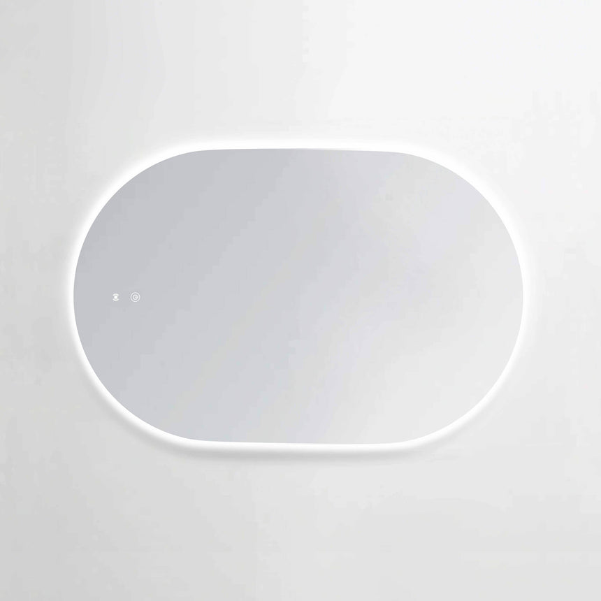 Otti Noosa oval 900x600mm LED frameless mirror by Tilemall showing touch control buttons