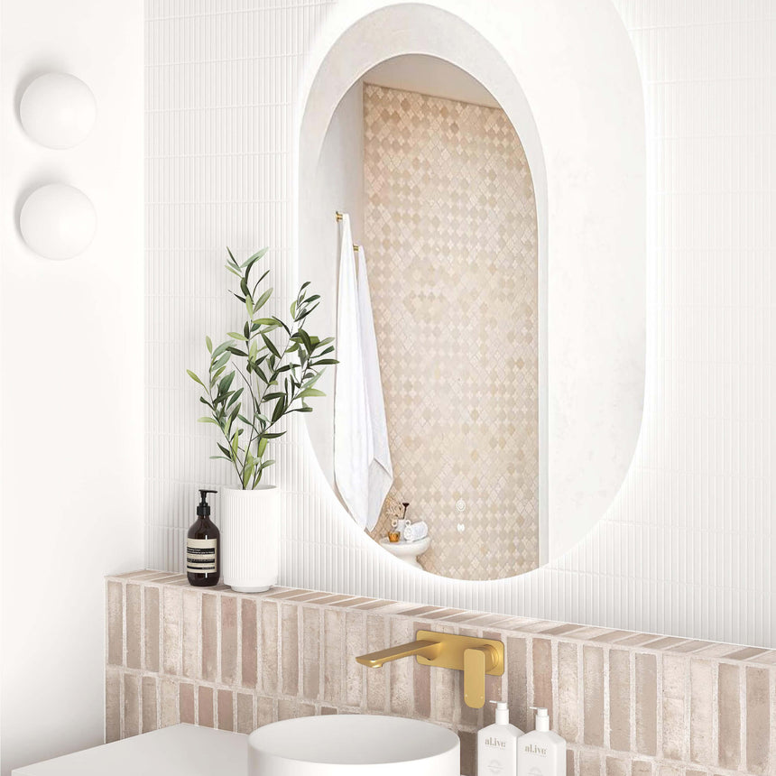 Otti Noosa 1200x750mm oval LED frameless bathroom mirror by Tilemall showing anti-fog and dimmer buttons