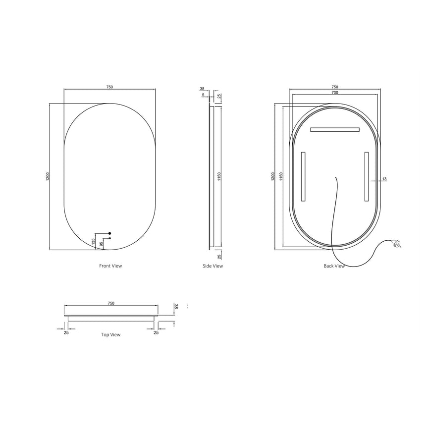 Technical dimensions diagram for Otti Noosa 1200x750mm LED frameless mirror by Tilemall