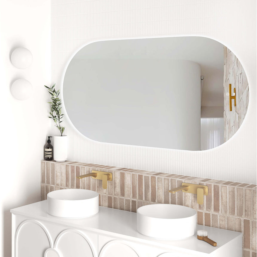 Otti Noosa LED frameless mirror 1500x750mm by Tilemall showing soft edge glow in ensuite setting