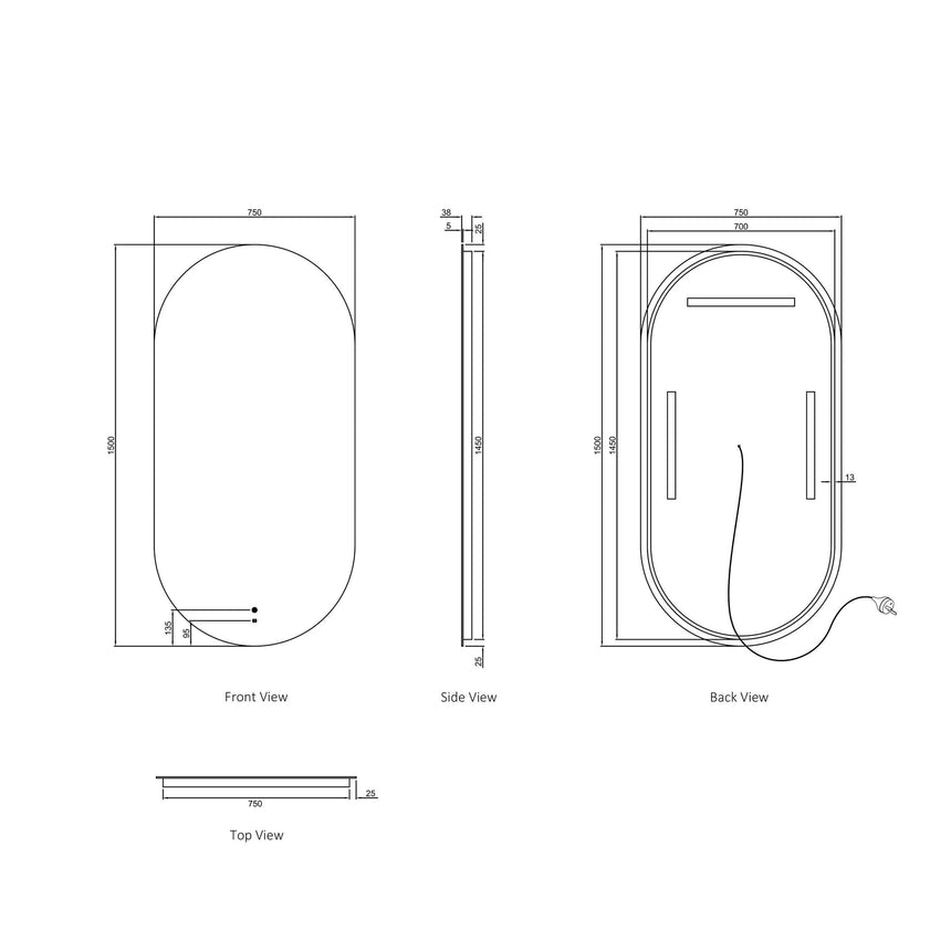 Technical dimensions diagram for Otti Noosa 1500x750mm LED frameless mirror by Tilemall