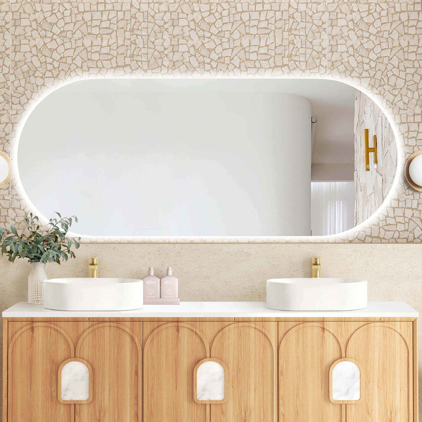 Otti Noosa 1800x750mm LED frameless mirror by Tilemall installed above double vessel basins in bathroom interior