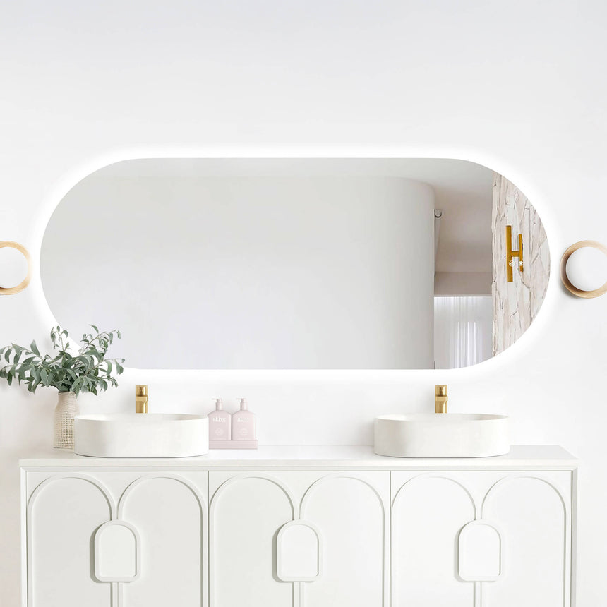 Otti Noosa 1800x750mm LED frameless mirror by Tilemall above white vessel basins with gloss white vanity