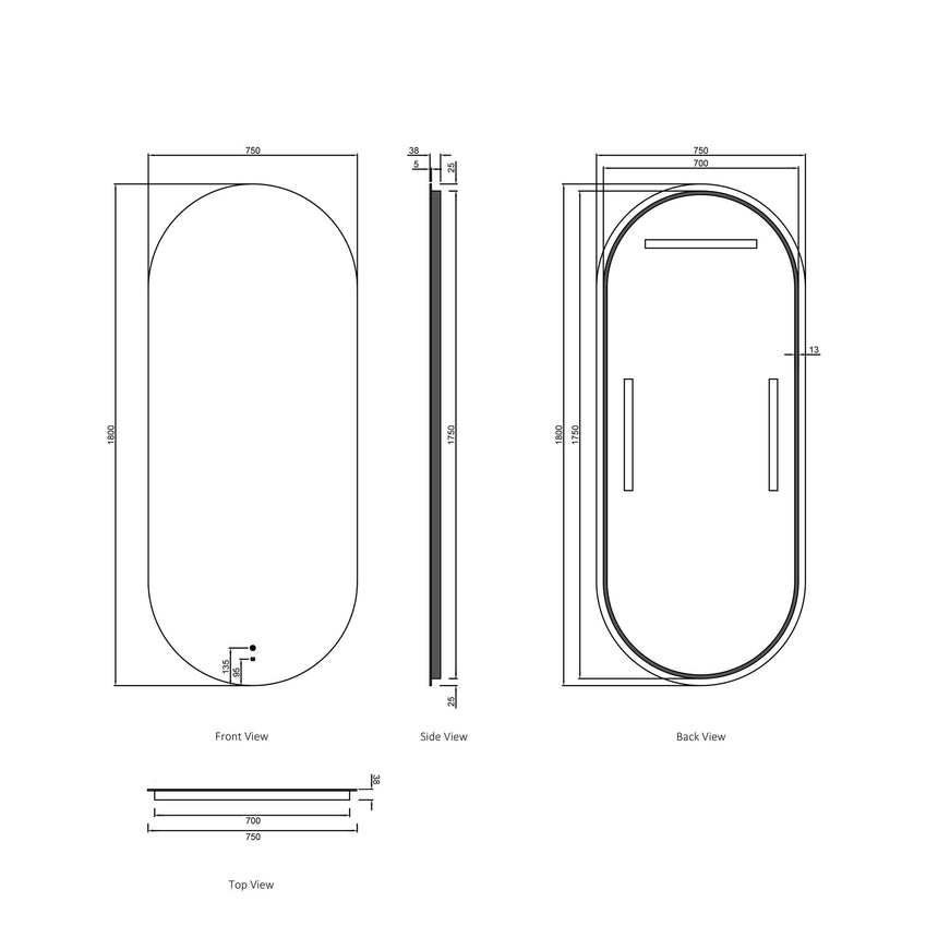 Technical dimensions diagram for Otti Noosa 1800x750mm LED frameless mirror by Tilemall