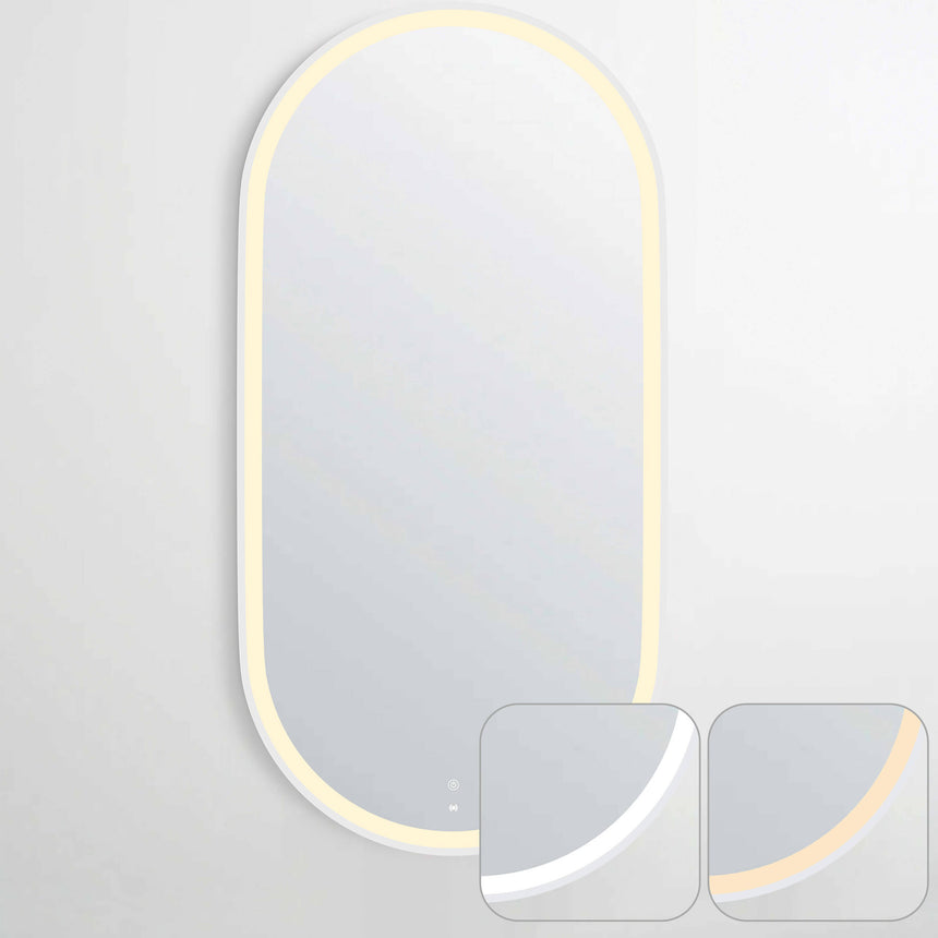 Otti Noosa LED mirror 900x450mm white frame showing warm and cool light options by Tilemall