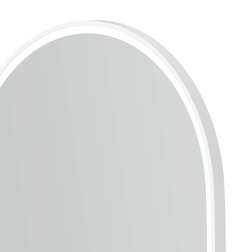 Close-up of Otti Noosa 900x450mm mirror white metal frame edge and LED strip detail by Tilemall