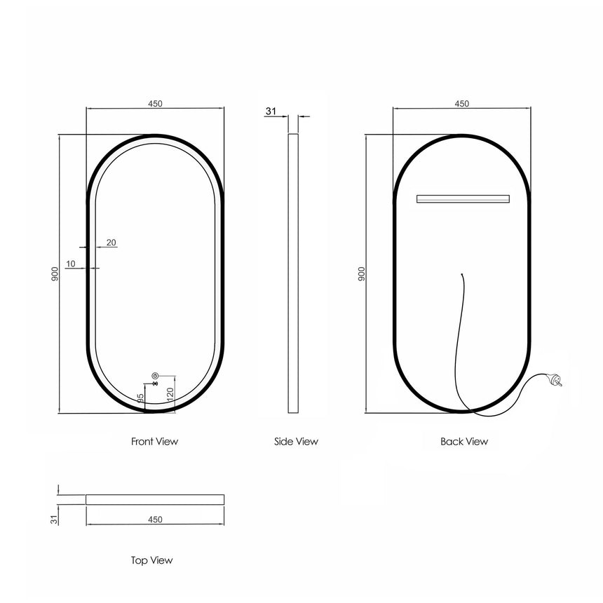 Technical dimensions diagram for Otti Noosa 900x450mm LED mirror, 31mm depth by Tilemall