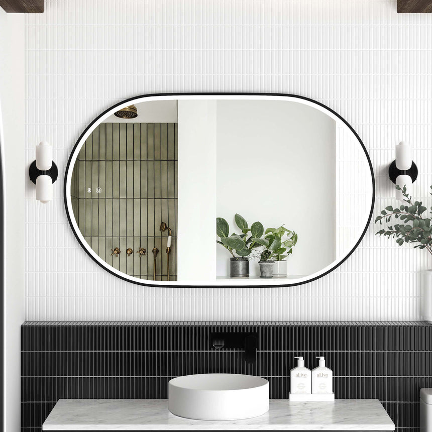 Otti Noosa 900x600mm LED framed bathroom mirror by Tilemall with matte black metal frame, oval shape