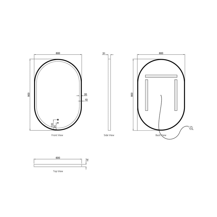 Technical dimensions diagram for Otti Noosa 900x600mm LED mirror: front, side, back and top views by Tilemall