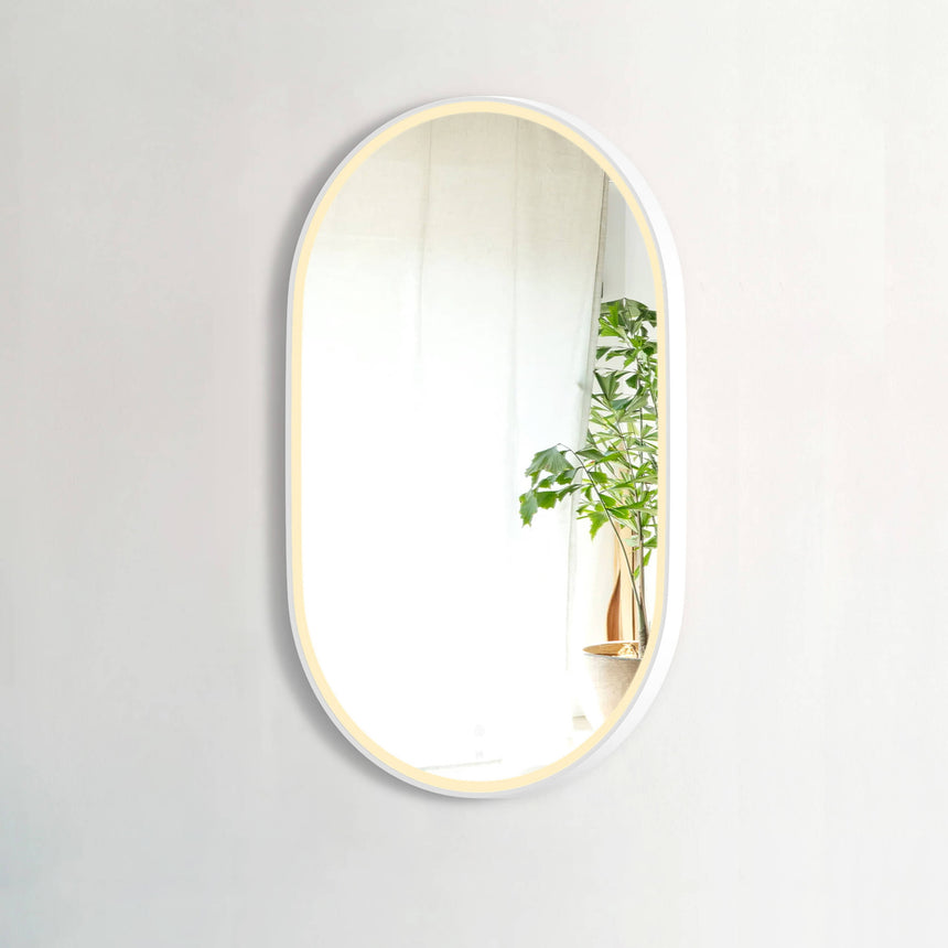 Otti Noosa 900x600mm LED mirror with white metal frame and warm LED edge lighting by Tilemall