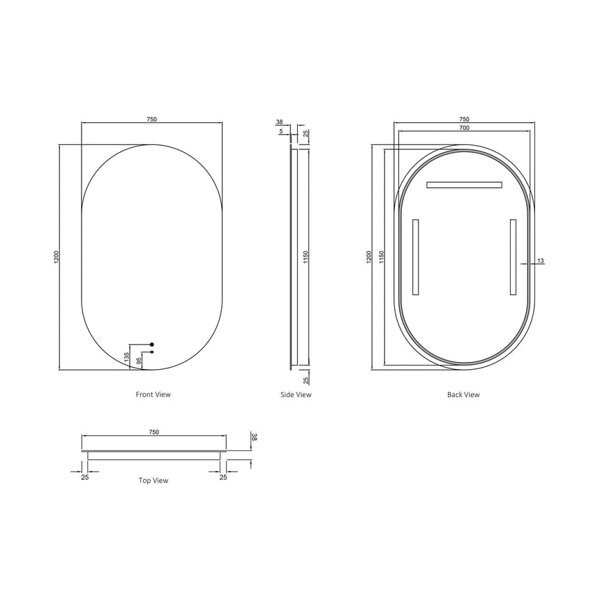 Technical dimensions diagram for Otti Noosa 1200x750mm LED framed mirror by Tilemall