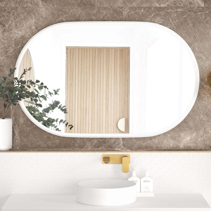 Otti Noosa 1200x750mm white metal frame LED mirror by Tilemall, rounded rectangle shape, installed in modern bathroom