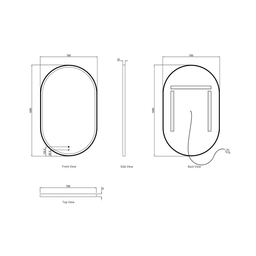 Technical dimensions diagram for Otti Noosa 1200x750mm LED mirror showing front, side and top views by Tilemall