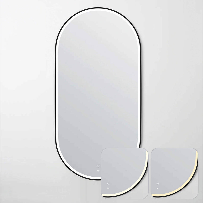 Otti Noosa 1500x750mm matte black framed LED mirror by Tilemall shown with smaller matching mirror size options