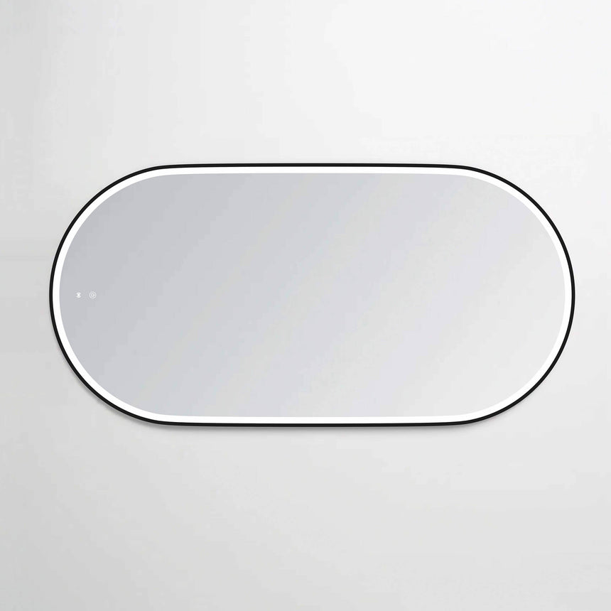 Otti Noosa matte black metal framed LED mirror 1500x750mm by Tilemall, front view with LED controls visible