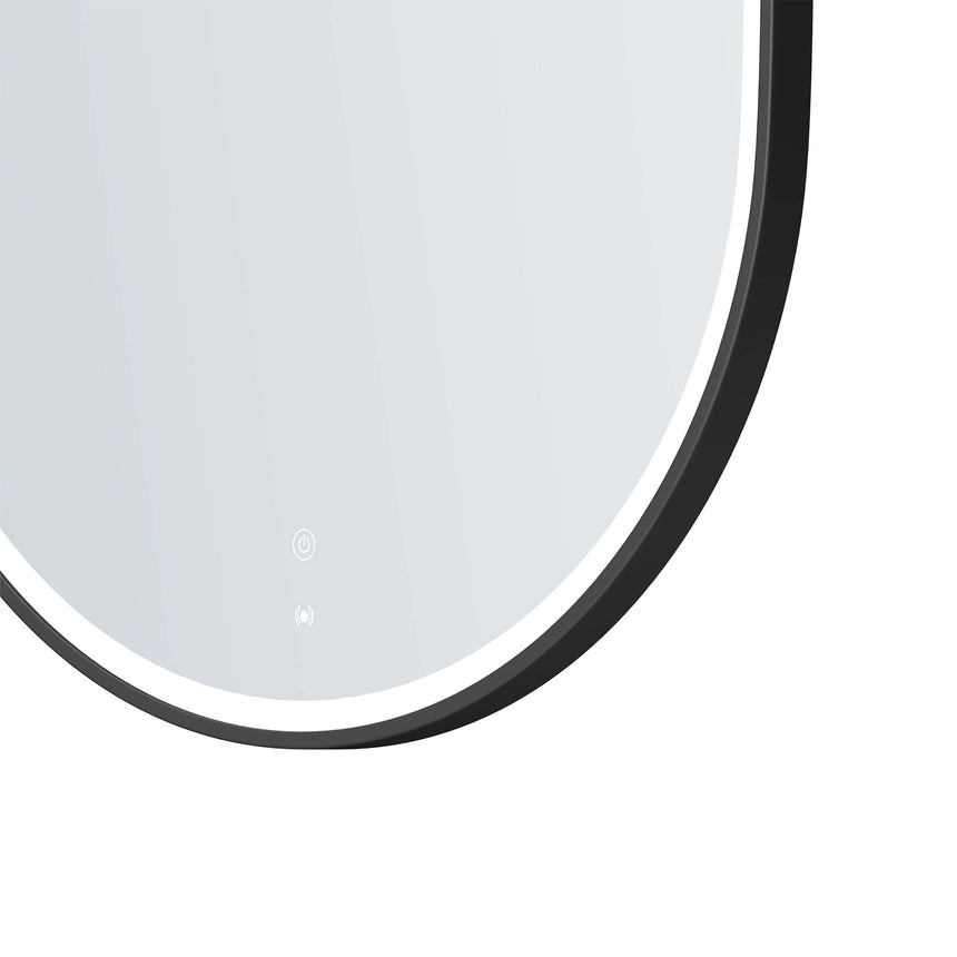 Close-up of Otti Noosa 1500x750mm LED mirror matte black metal frame edge and LED strip lighting detail by Tilemall