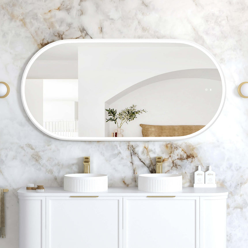 Otti Noosa 1500x750mm LED framed bathroom mirror by Tilemall, white metal frame, horizontal orientation above dual vanity