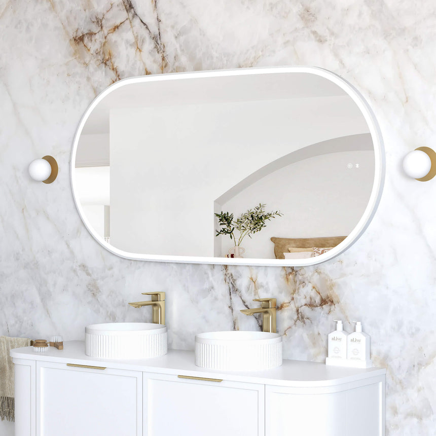 Otti Noosa LED mirror 1500x750mm by Tilemall mounted horizontally, white frame with touch controls visible