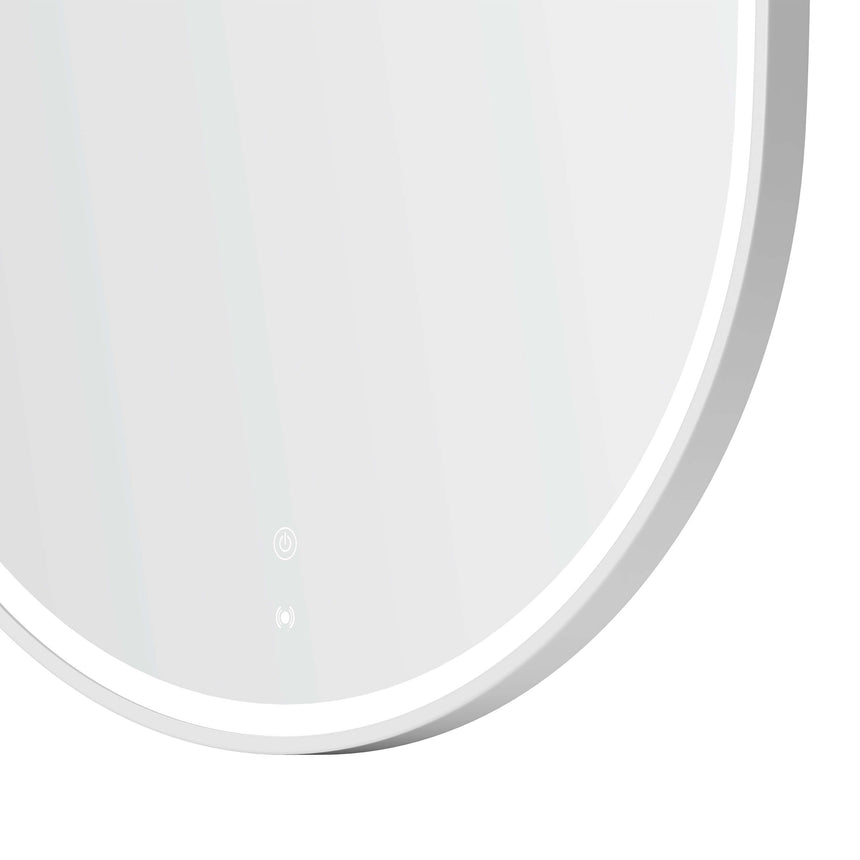Close-up of Otti Noosa 1500x750mm LED mirror rounded edge detail showing white metal frame and LED strip lighting by Tilemall