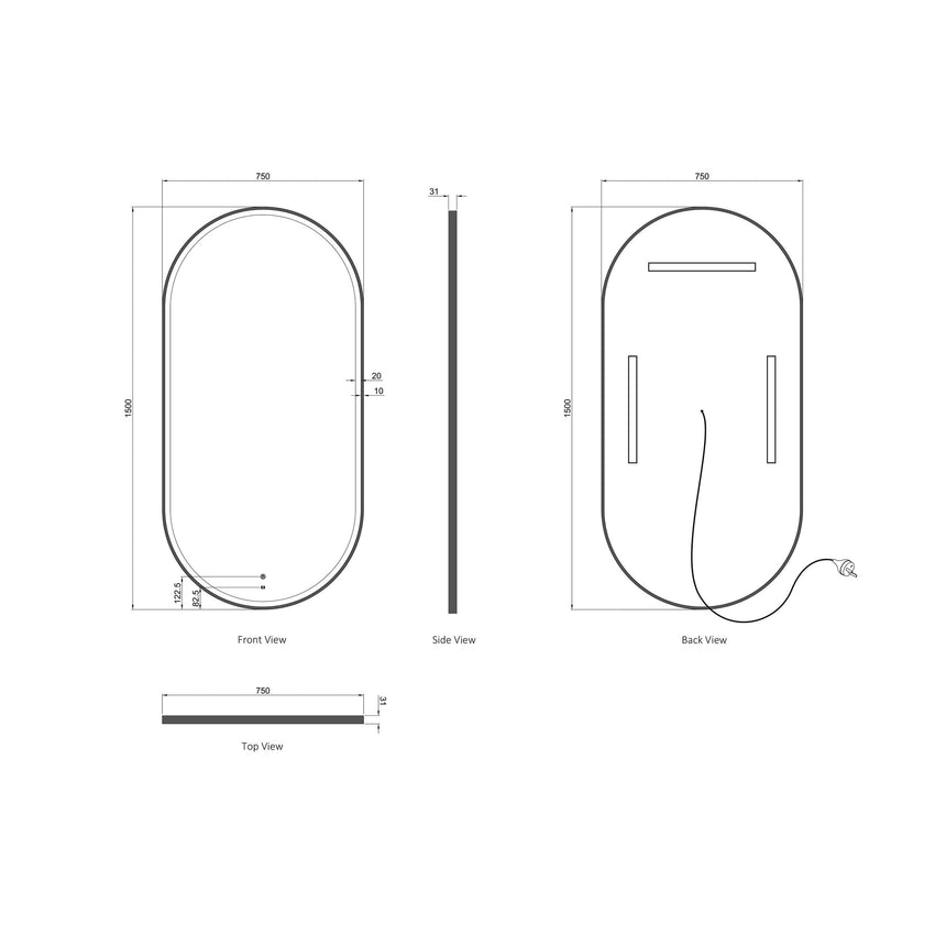 Technical dimensions diagram for Otti Noosa LED mirror showing 750x1900mm vertical and 1500x750mm horizontal sizes by Tilemall