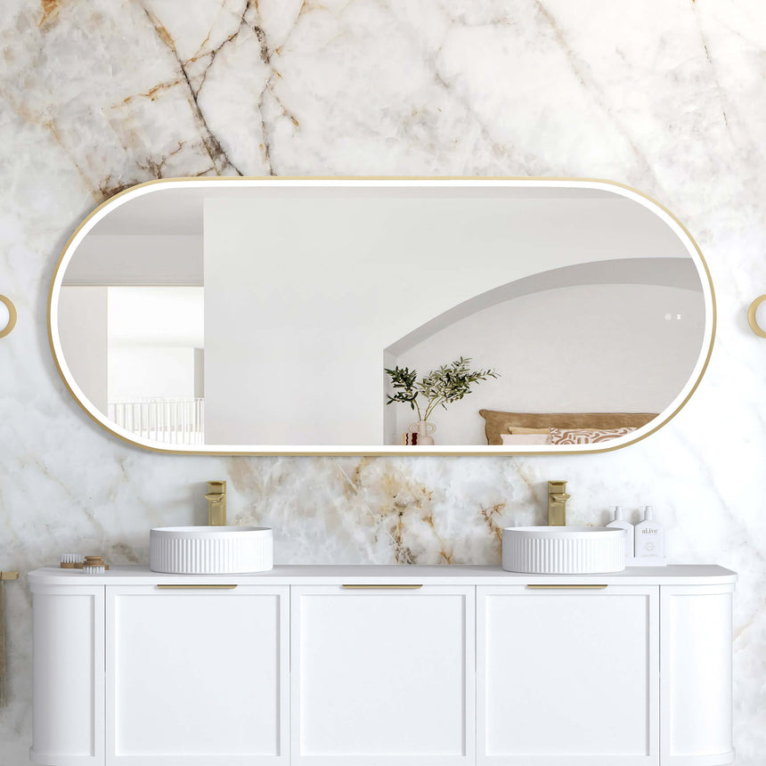 Otti Noosa 1800x750mm LED framed mirror by Tilemall with brushed gold metal frame, horizontal oval shape