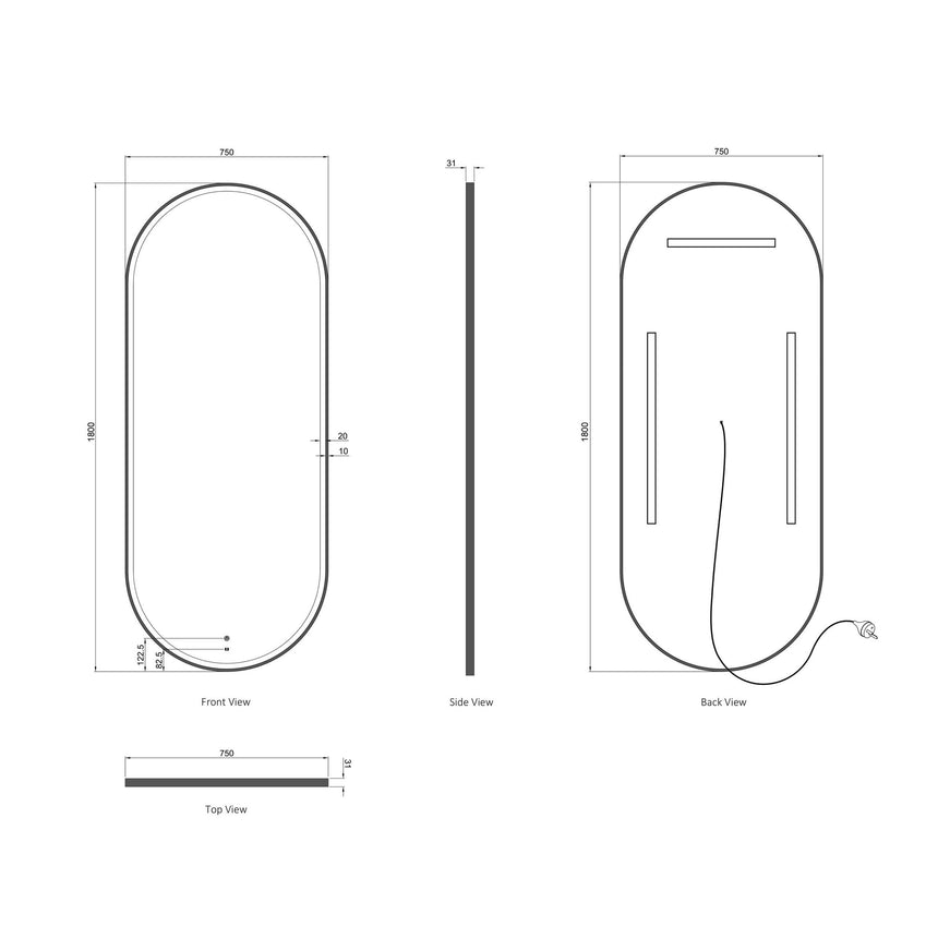 Technical dimensions diagram for Otti Noosa 1800x750mm LED mirror showing front, side, back and top views by Tilemall