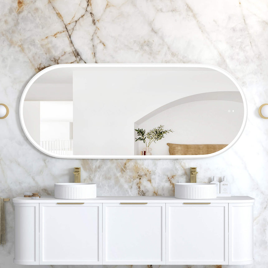 Otti Noosa 1800x750mm white framed LED mirror by Tilemall installed above double vanity