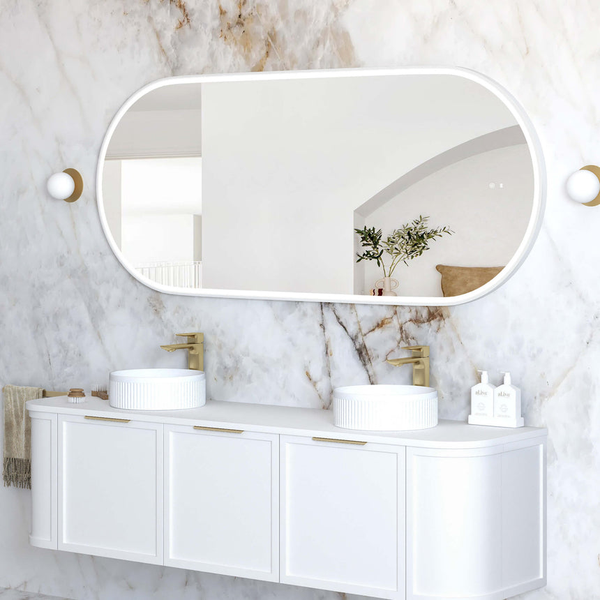 Otti Noosa white metal frame LED mirror 1800x750mm by Tilemall in modern ensuite