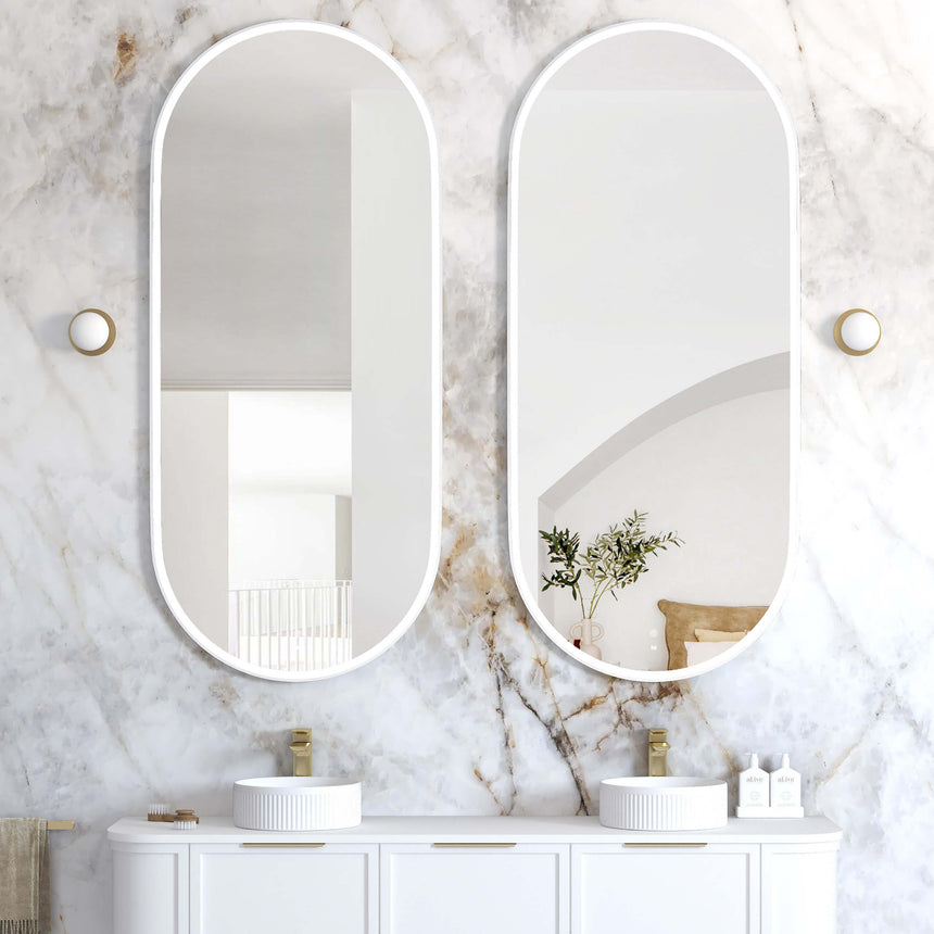 Two Otti Noosa 1800x750mm white LED mirrors by Tilemall with metal frames, paired above basins