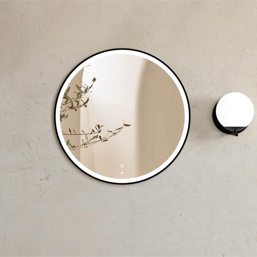 Otti Bondi round 800mm LED framed bathroom mirror by Tilemall with matte black metal frame and touch controls