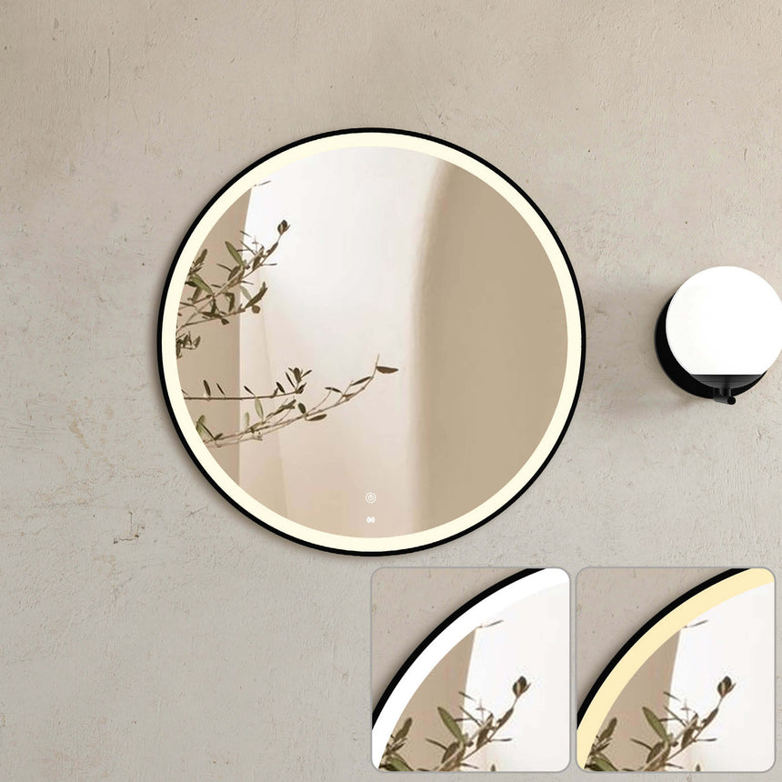 Otti Bondi 800mm round LED mirror by Tilemall showing matte black frame with warm and cool light options