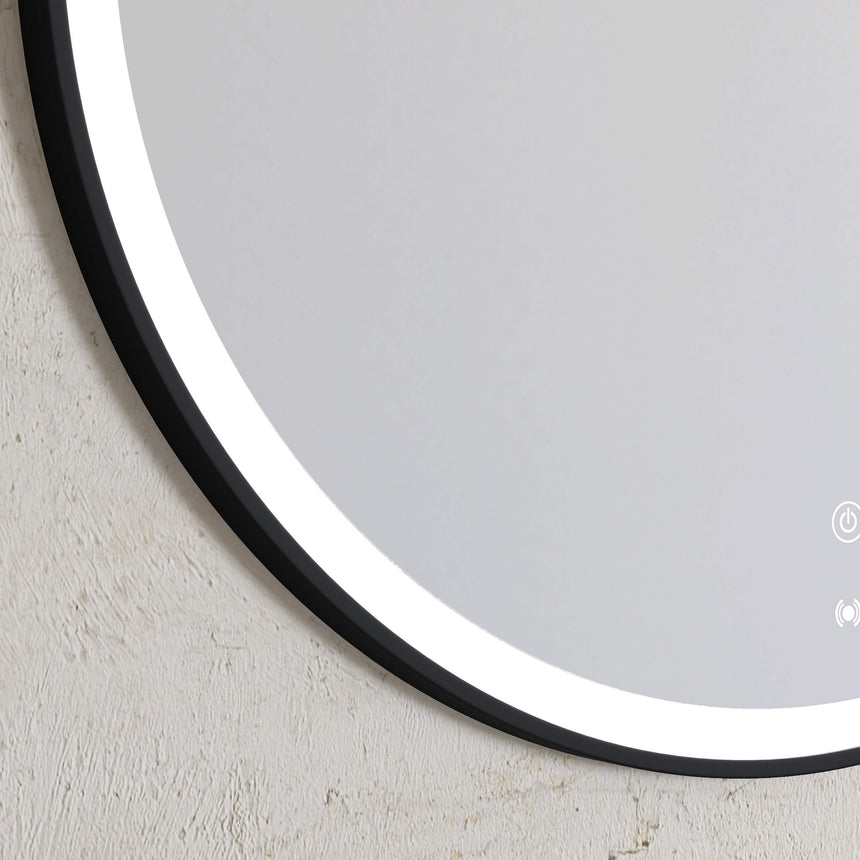 Close-up of Otti Bondi 800x800mm LED mirror edge showing matte black metal frame and white LED strip lighting by Tilemall