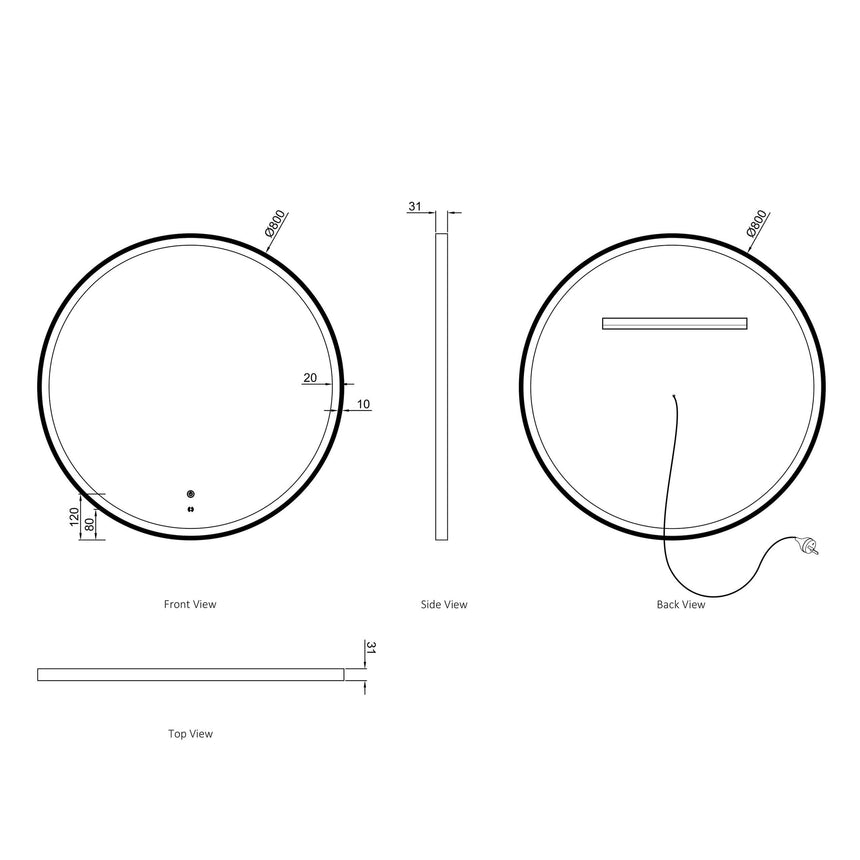 Technical dimensions diagram for Otti Bondi 800mm round LED mirror by Tilemall with frame and depth specs