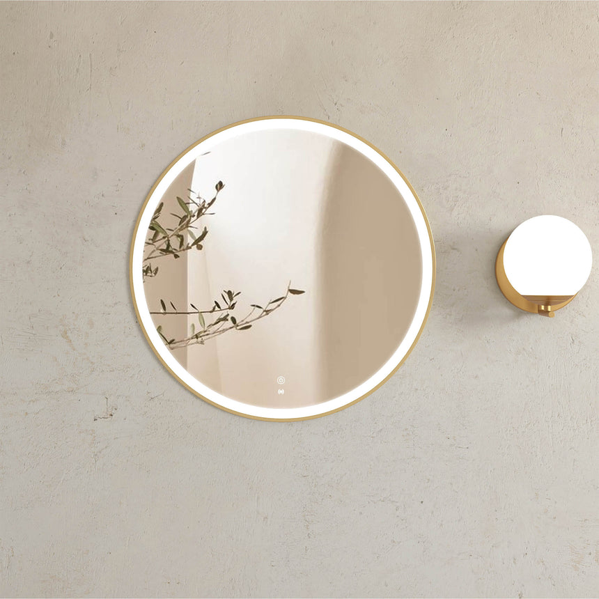 Otti Bondi round 800mm LED framed bathroom mirror by Tilemall with brushed gold frame and touch controls