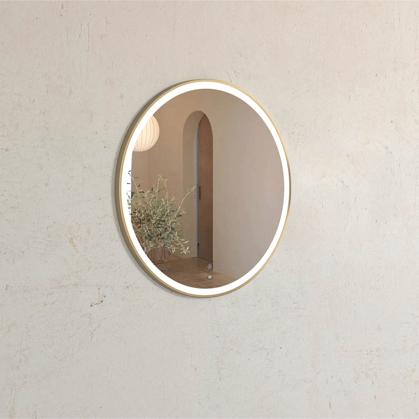 Otti Bondi 800x800mm oval brushed gold LED mirror by Tilemall with perimeter lighting and soft-touch dimmer