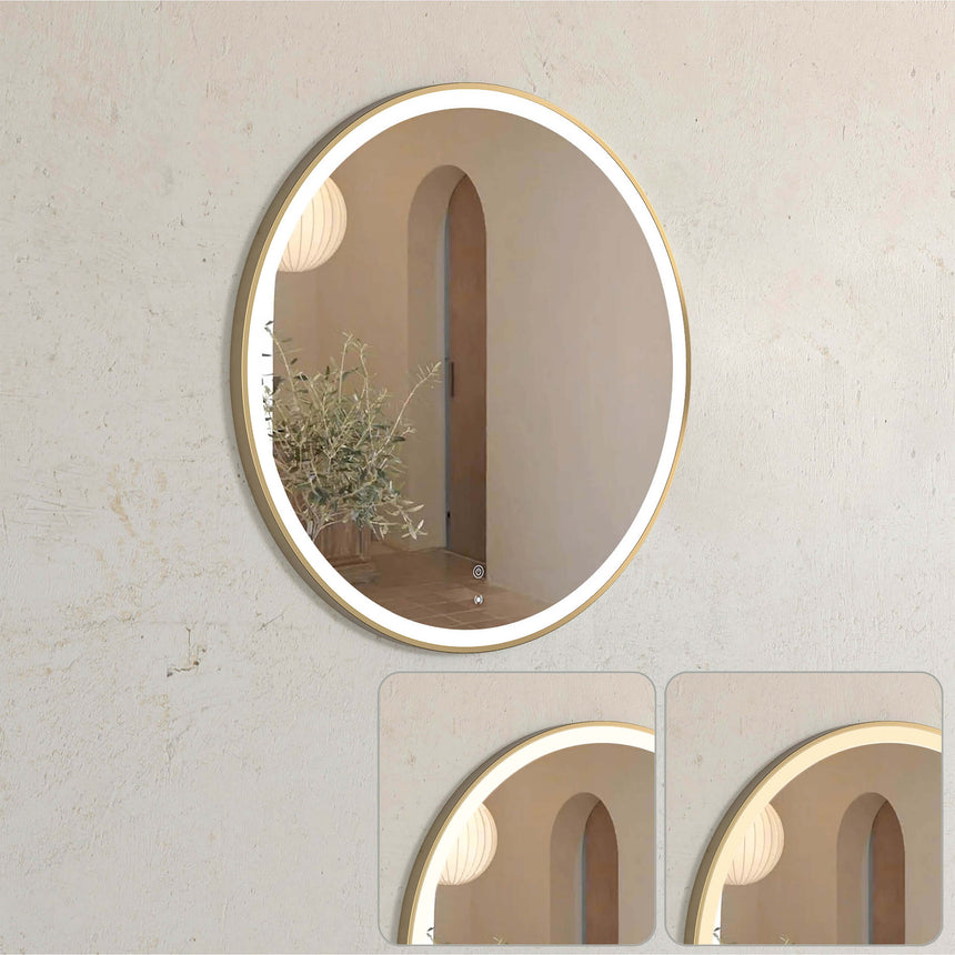 Otti Bondi 800x800mm oval LED mirror installed in bathroom interior, brushed gold metal frame with controls by Tilemall