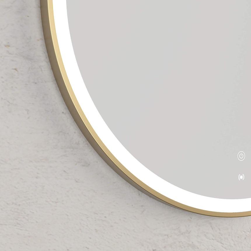 Close-up of Otti Bondi 800x800mm mirror frame showing brushed yellow gold finish and integrated LED strip by Tilemall