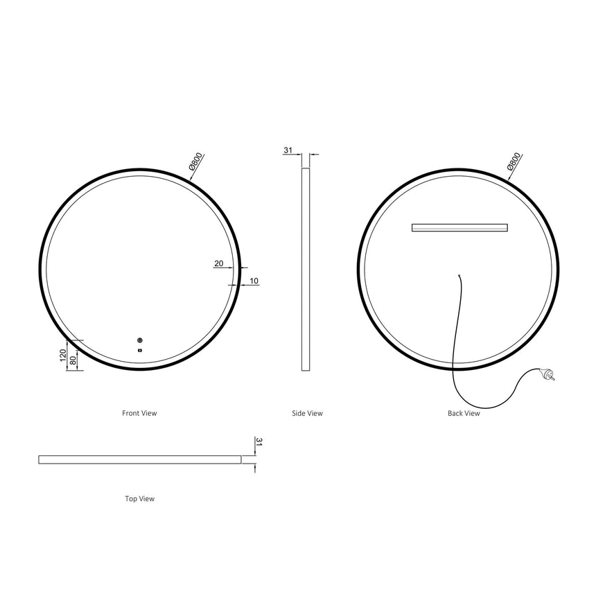 Technical dimensions diagram for Otti Bondi 800mm round LED mirror with mounting specifications by Tilemall