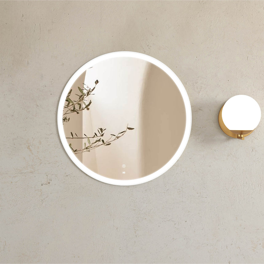 Otti Bondi round 800mm LED framed bathroom mirror by Tilemall with white metal frame and touch controls