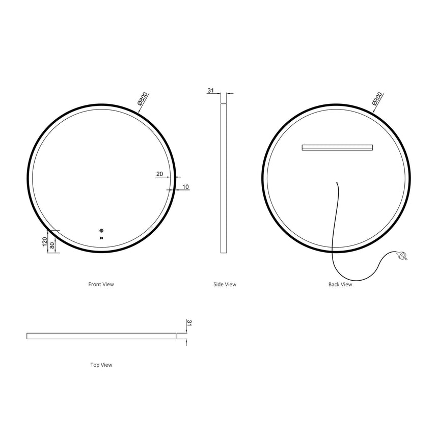 Technical dimensions diagram for Otti Bondi 800mm round LED mirror showing 31mm depth and mounting specs by Tilemall
