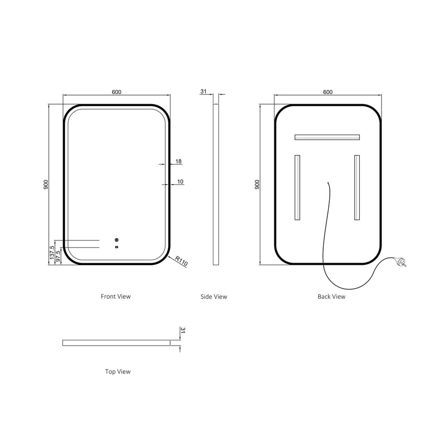 Technical dimensions diagram for Otti Newport 900x600mm LED mirror with matte black frame by Tilemall