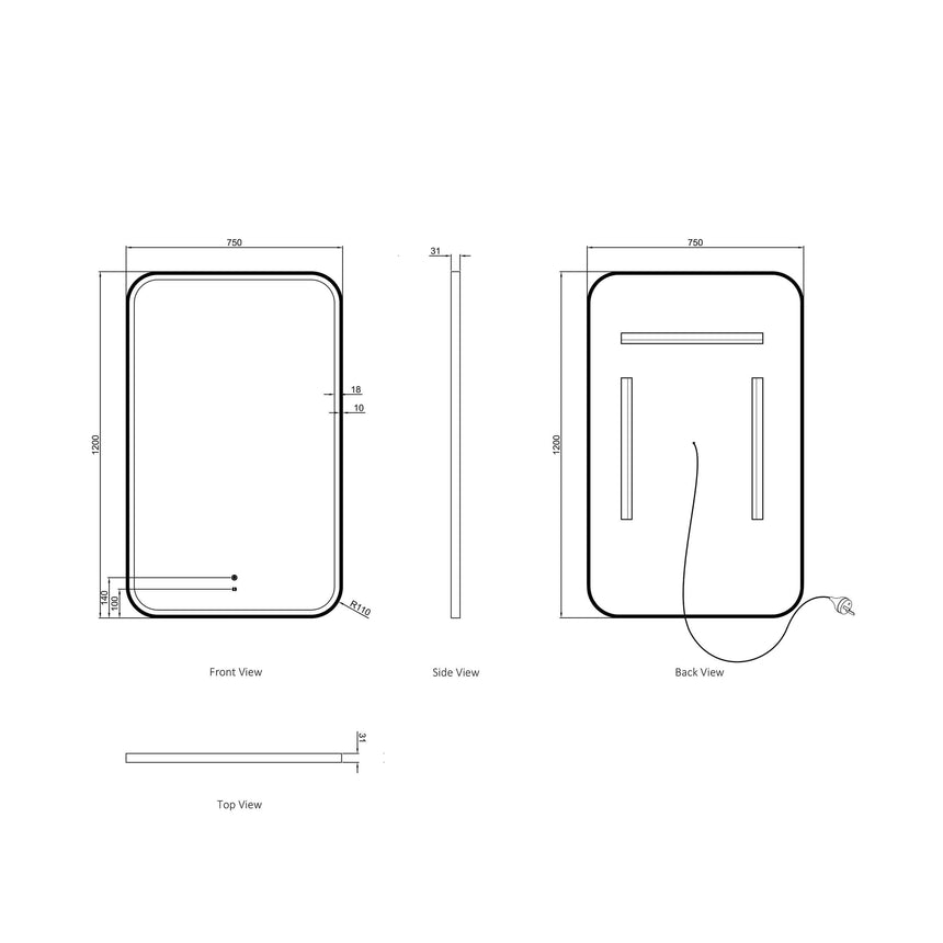 Technical dimensions diagram for Otti Newport 1200x750mm LED mirror showing front, side and back views by Tilemall