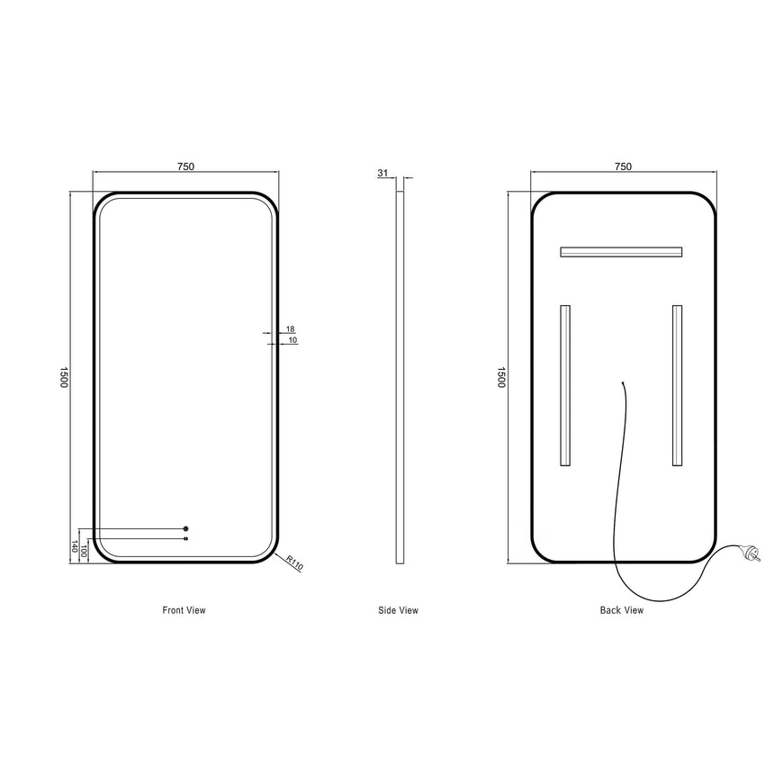 Technical dimensions diagram for Otti Newport 1500x750mm LED mirror showing front, side and back views by Tilemall