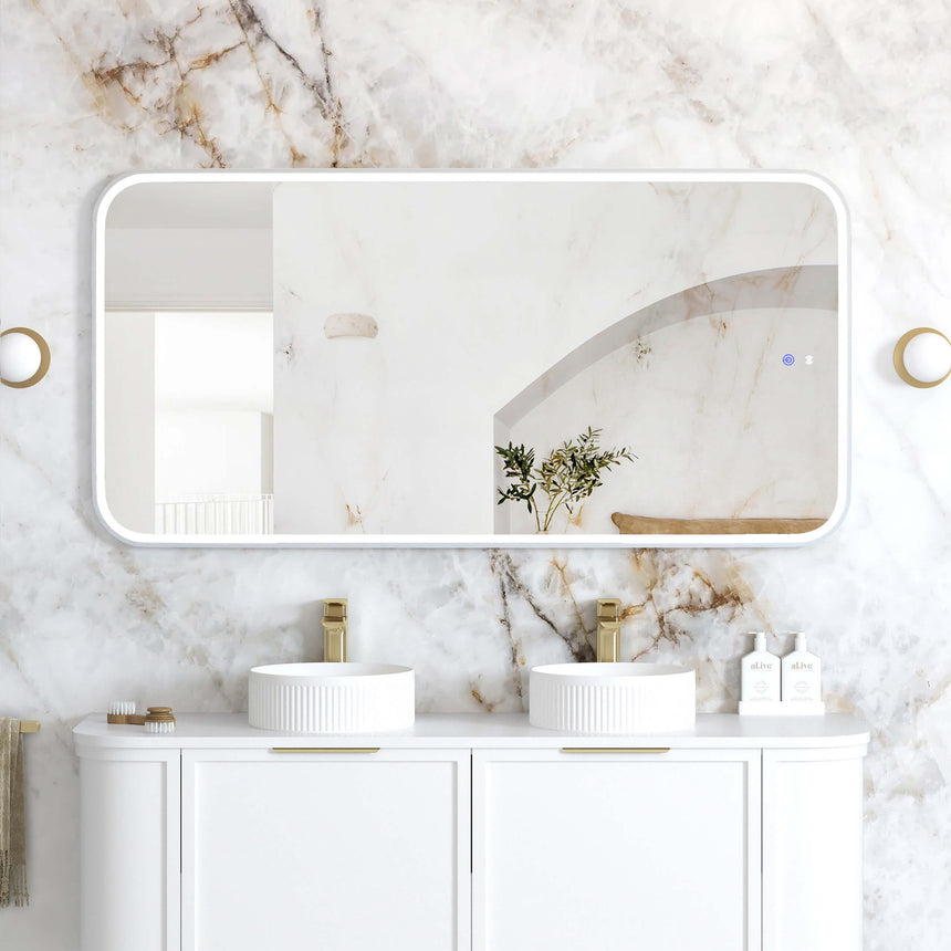 Otti Newport 1500x750mm LED framed mirror by Tilemall, white metal frame with rounded corners, installed above double basin vanity