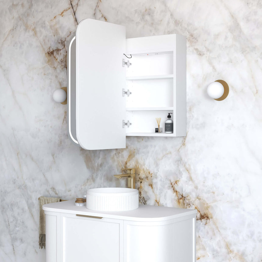 Otti Newport two-door LED shaving cabinet by Tilemall, white finish, open shelving interior view